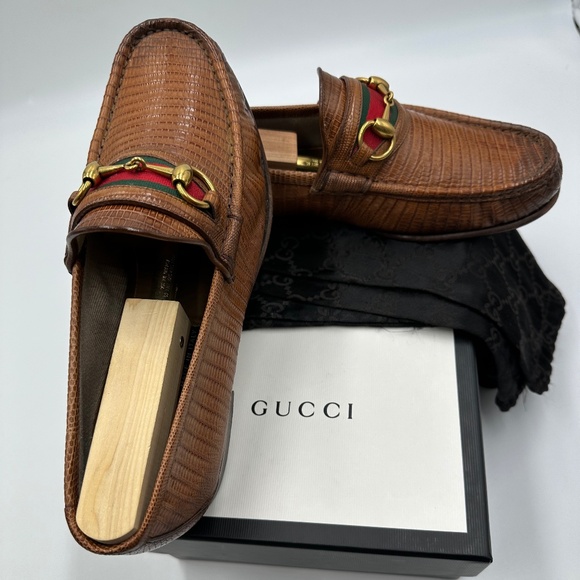 Gucci Authentic 1953 Style Web Stripe Horsebit Snakeskin Loafers (Mens 8) - Picture 1 of 9